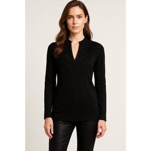 Tory Burch Merino Wool Beaded Tunic Top Black L Embellished V-Neck Long Sleeve